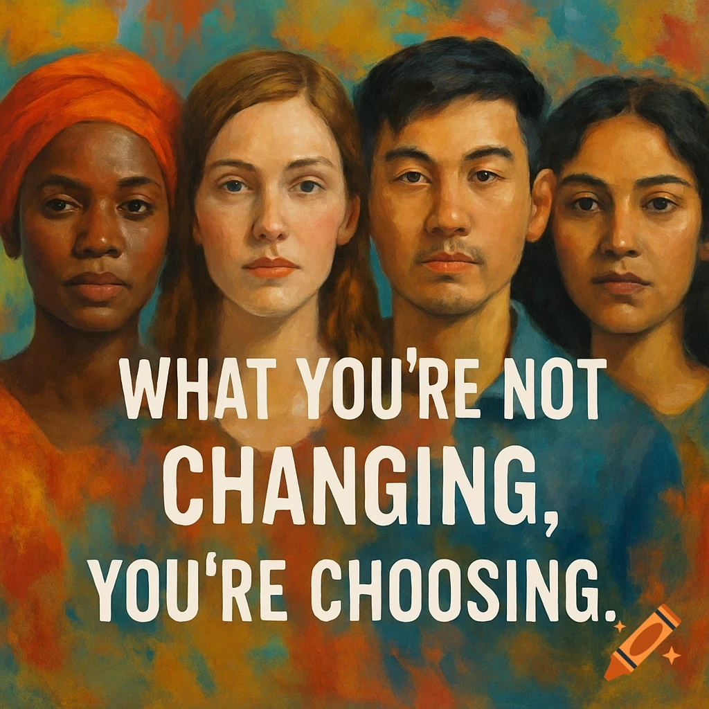 An illustration featuring four diverse individuals overlaid with the quote, "WHAT YOU'RE NOT CHANGING, YOU'RE CHOOSING."
