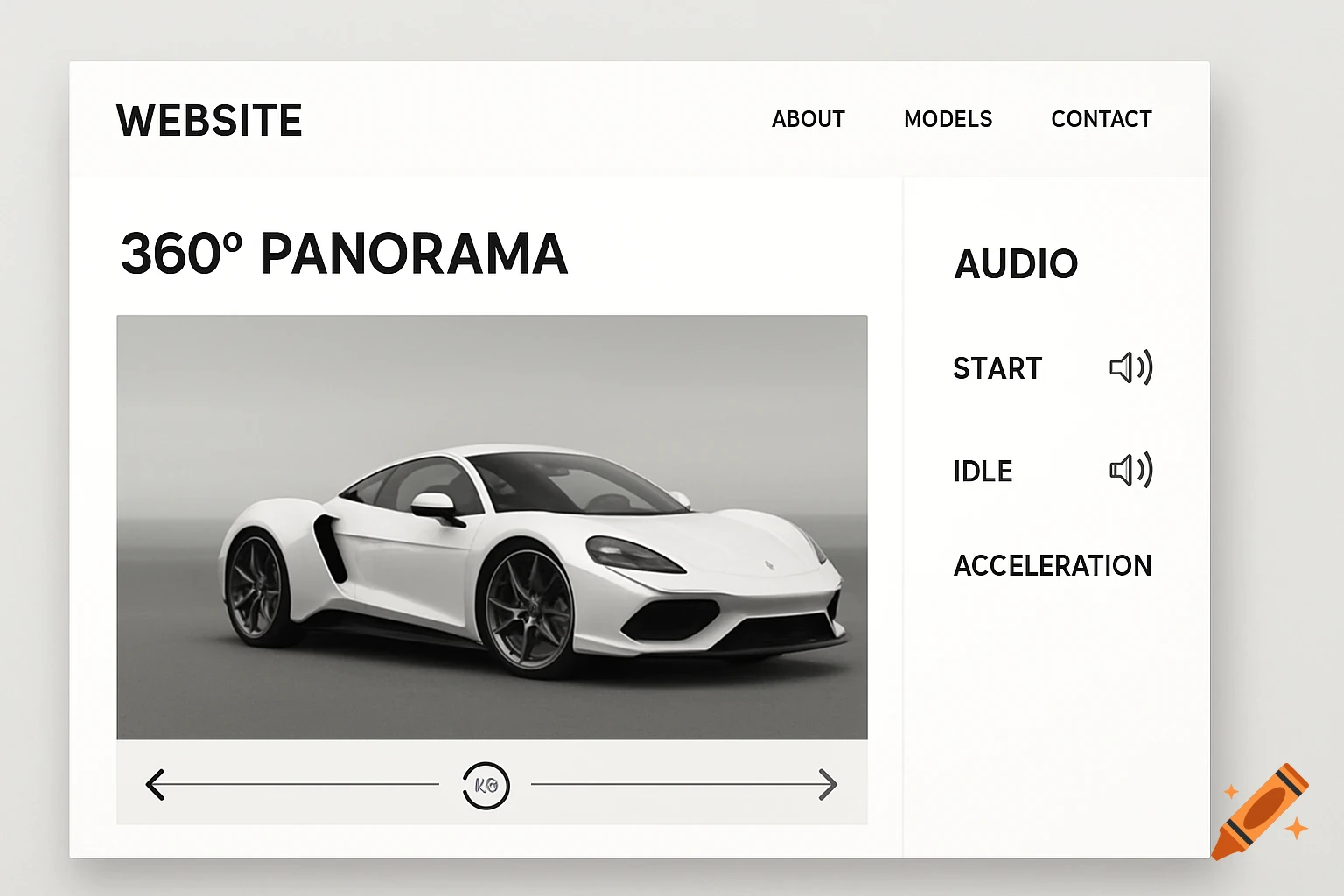 Minimalist website design mockup showing a white sports car in a panorama viewer with audio controls.