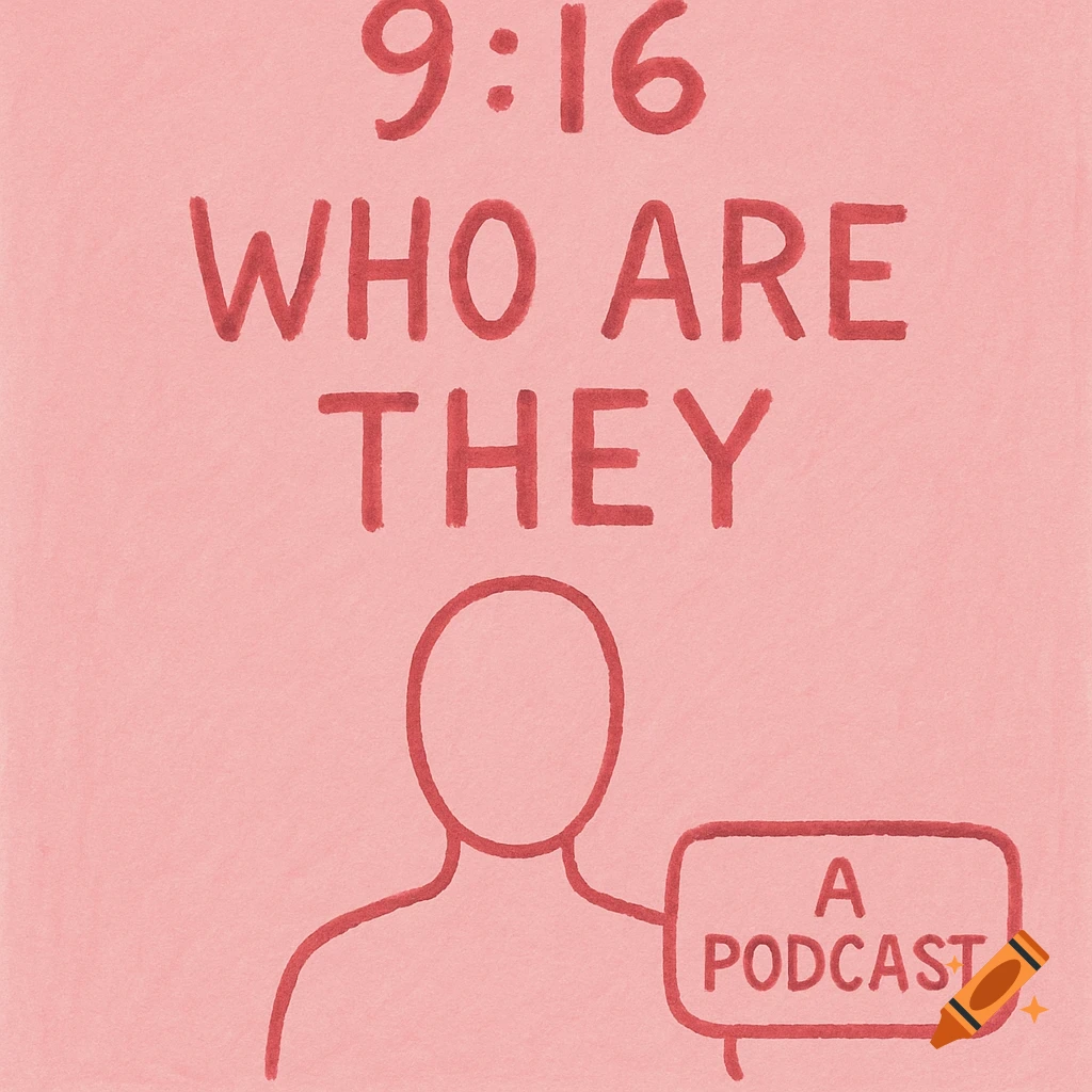 Simple red sketch on pink podcast cover with text '9:16 WHO ARE THEY' and person outline with 'A PODCAST' speech bubble.