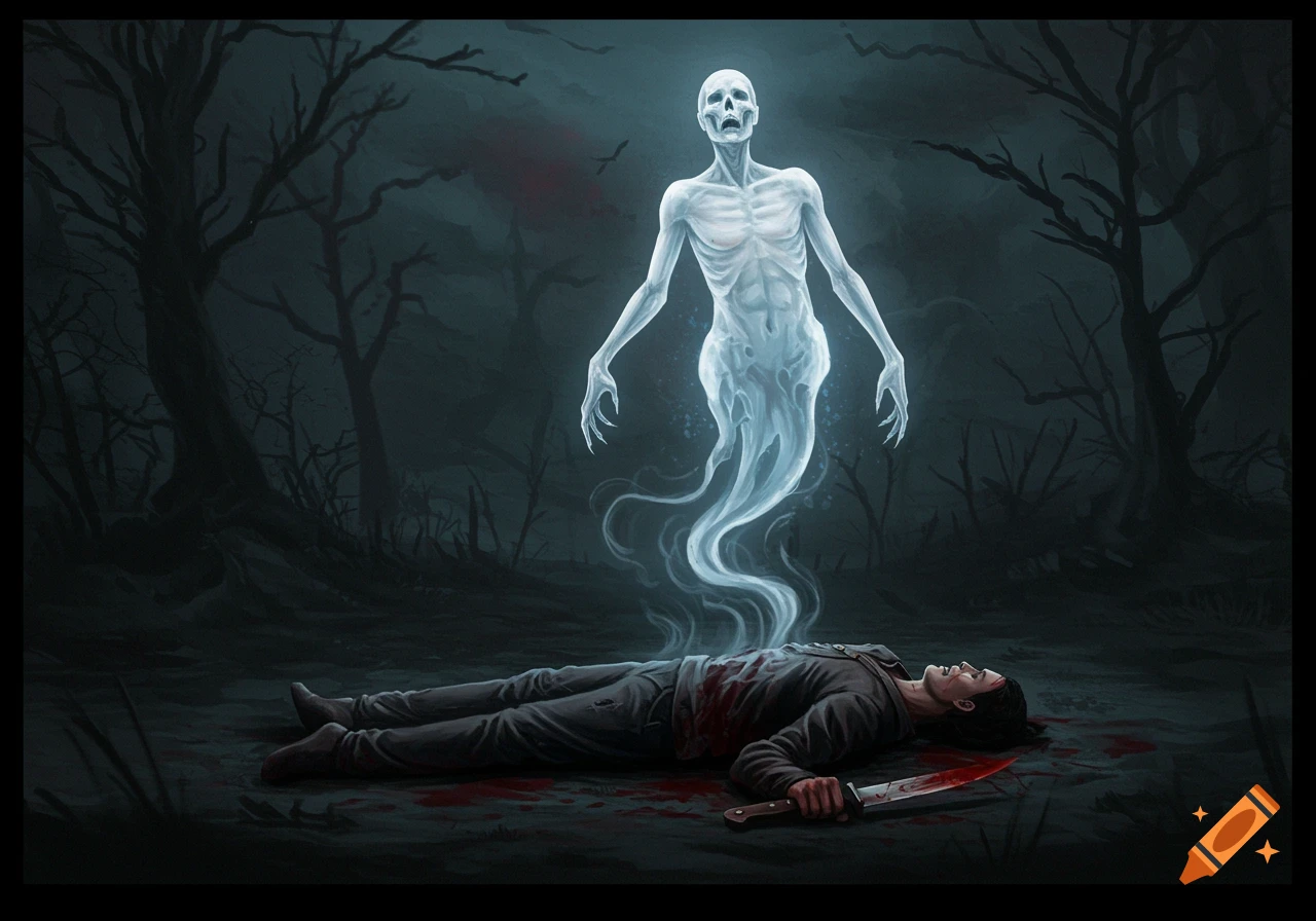 A ghostly figure rises from a body with a bloody knife on the ground in a dark forest.