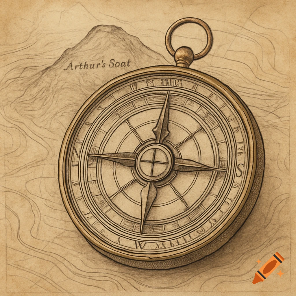 Vintage sketch of a compass over a map with a mountain, in an ink drawing style.