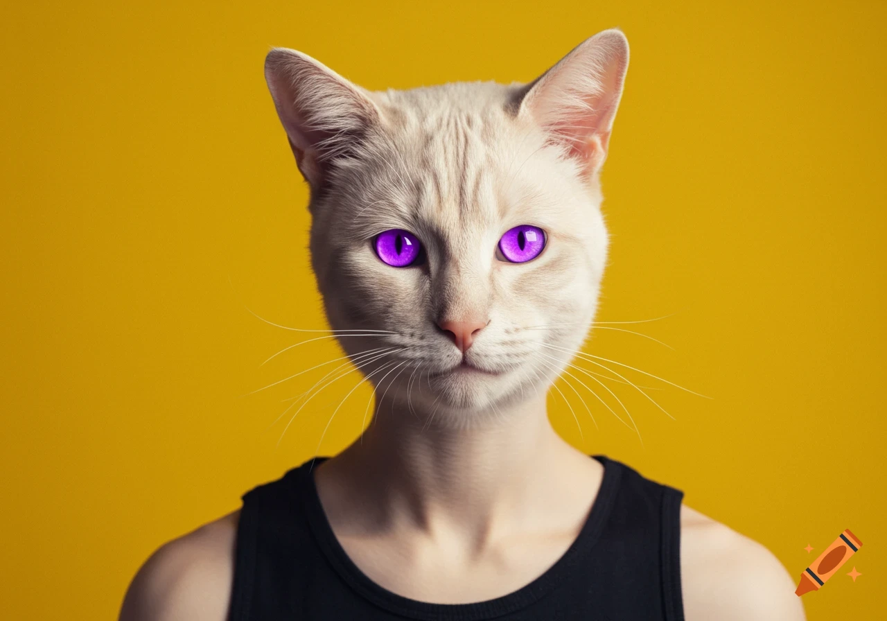 A creature with a cat head and human body with purple eyes against a yellow background.