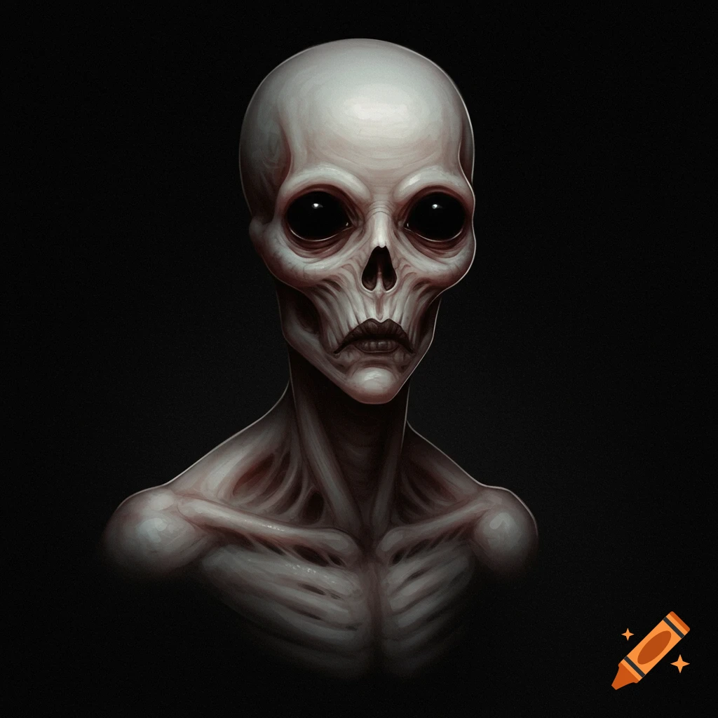 Bust of a pale, skeletal alien creature with large black eyes against a dark background.