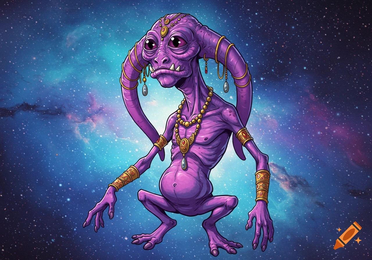 Illustration of a purple alien creature wearing jewelry in space