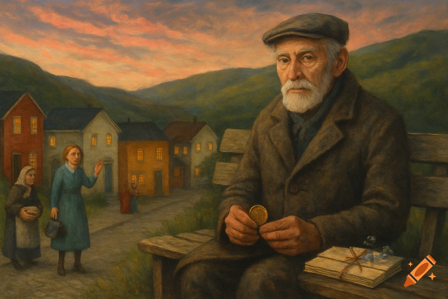 Oil painting of an old man on a bench holding a coin, with people and houses in a village at dusk.