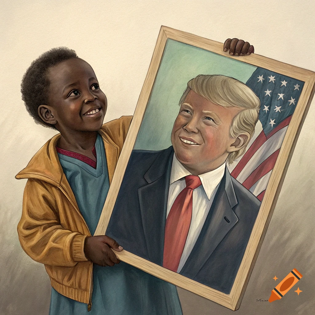 Painting of a young Black child holding a portrait of Donald Trump.