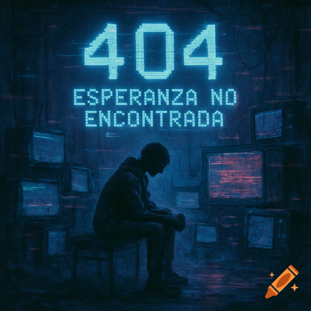 A solitary figure sits in a dark, cyberpunk room under pixelated neon text "404 ESPERANZA NO ENCONTRADA".