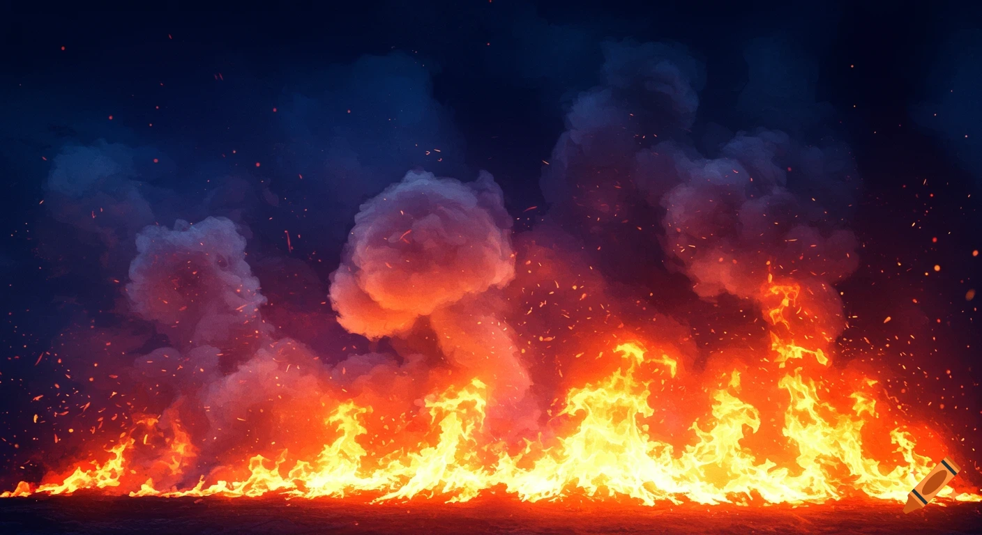 Large fire with smoke and sparks against a dark background