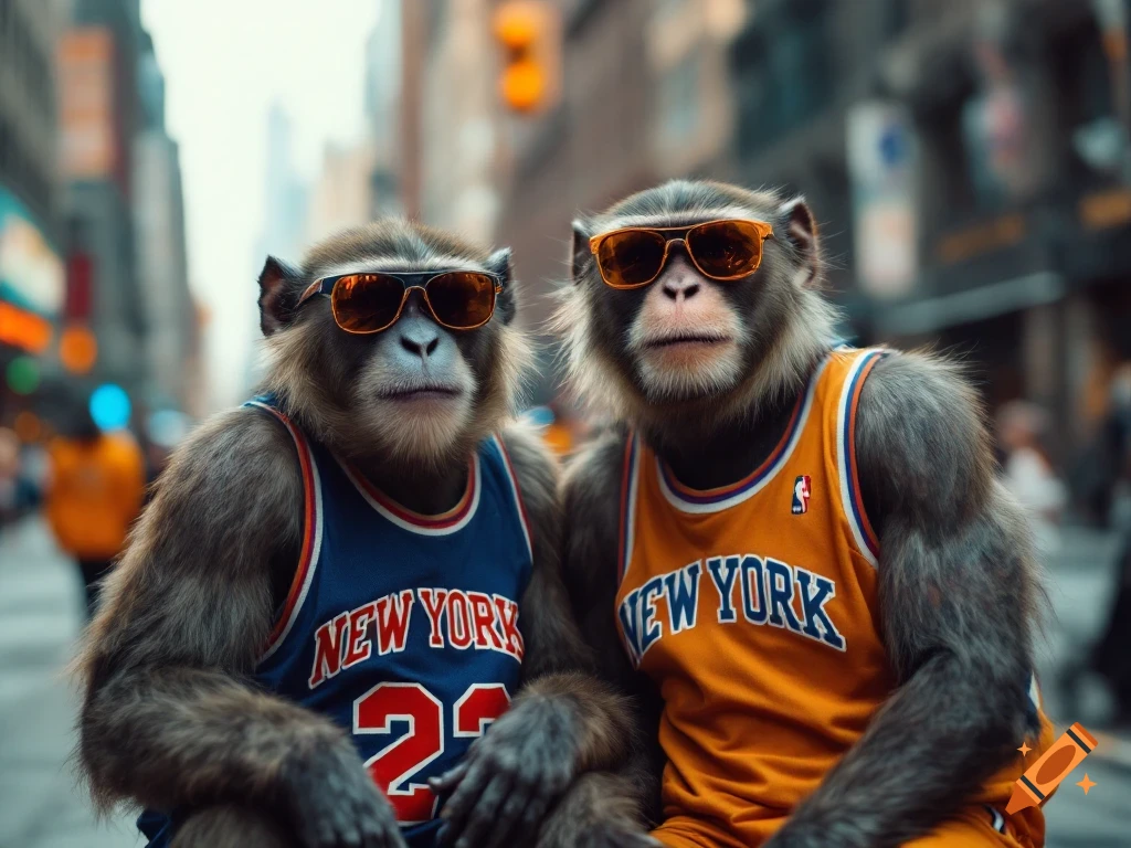 Two monkeys wearing New York Knicks jerseys and sunglasses sit on a city street.