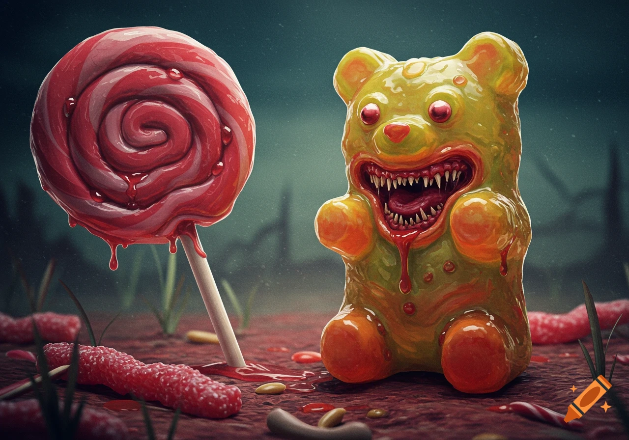 A monstrous gummy bear with sharp teeth stands next to a dripping lollipop in a creepy setting.