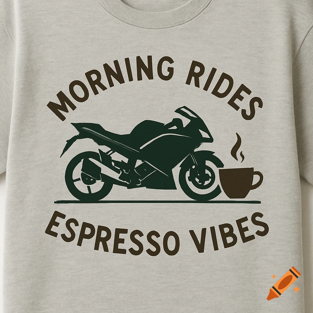 Tee shirt design with a motorcycle, coffee cup, and text "Morning Rides, Espresso Vibes"