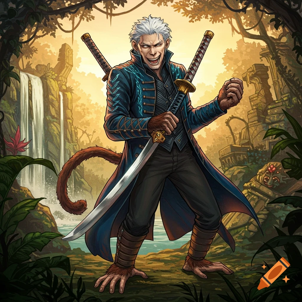 Monkey Vergil from Devil May Cry in jungle ruins with two swords