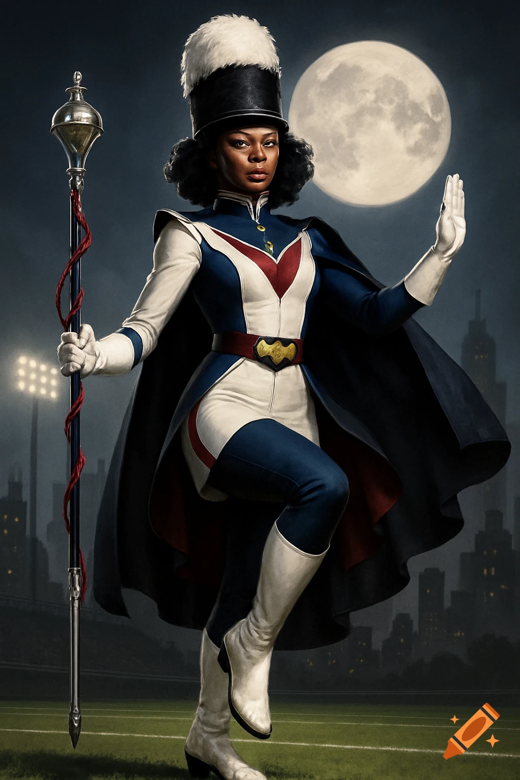 A woman in a blue and white marching band uniform with a cape and mace stands on a football field under a full moon.