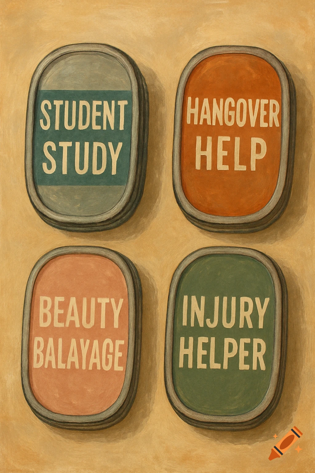 Illustration of four oval buttons labeled 'Student Study', 'Hangover Help', 'Beauty Balayage', and 'Injury Helper'.