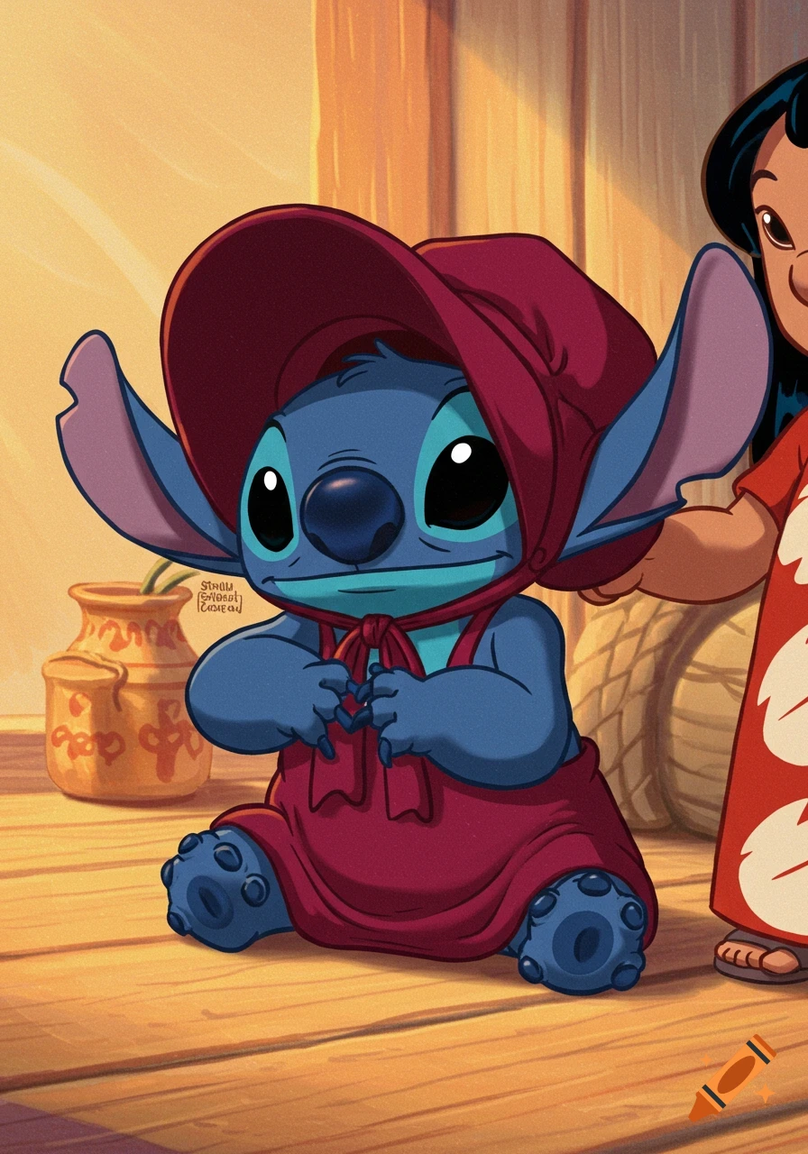 Cartoon illustration of Stitch from Lilo and Stitch wearing a red bonnet, sitting indoors with Lilo beside him.