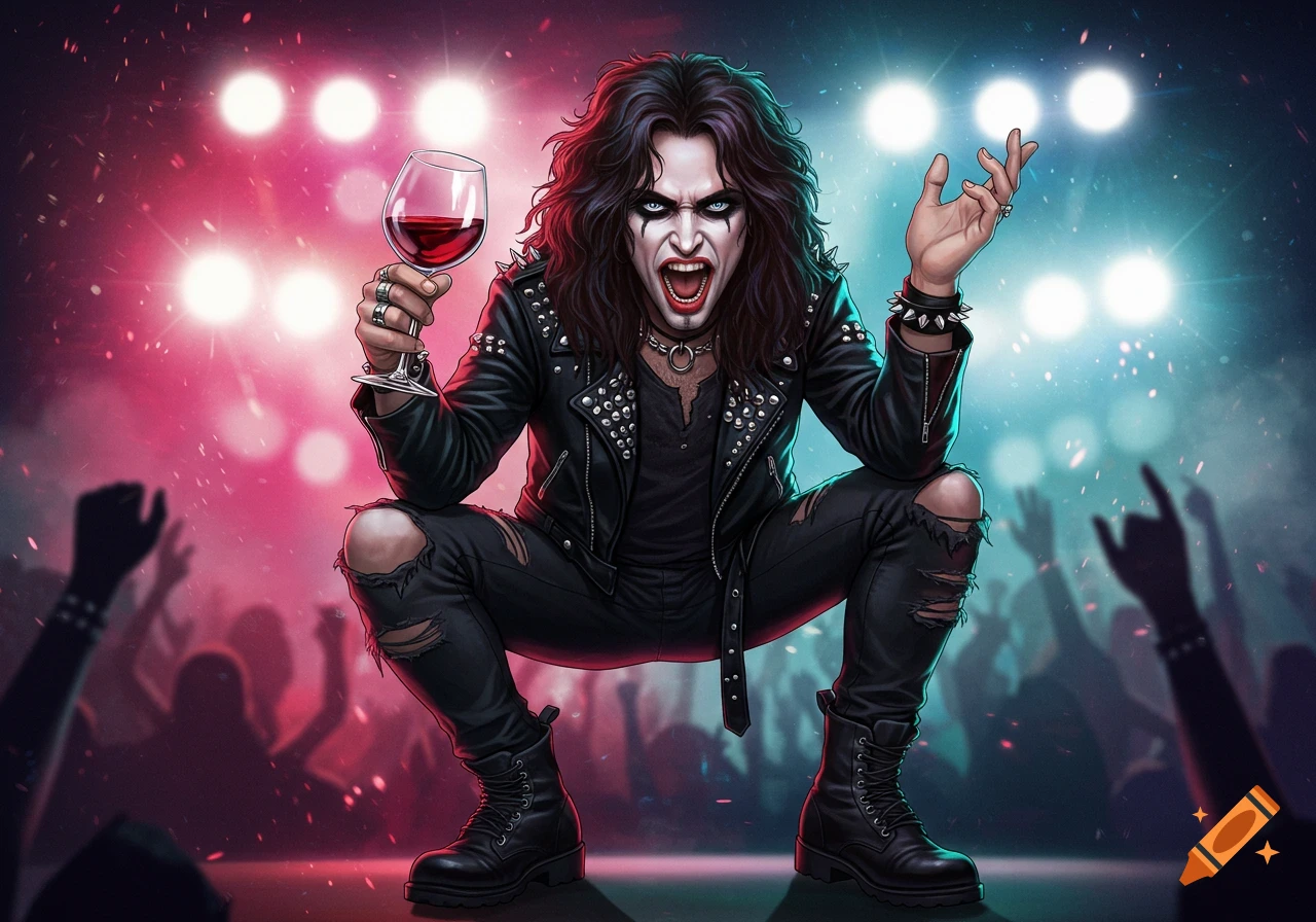 Illustrative fantasy art of a rock star with dramatic makeup and studded leather squatting on a stage holding a wine glass.
