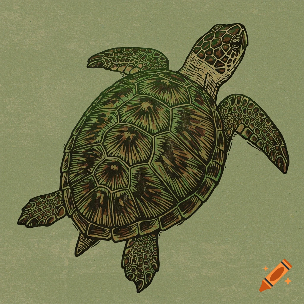 A green turtle in a block print style.