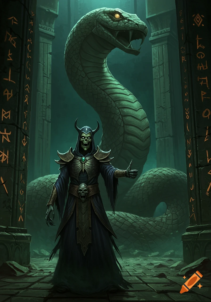 Dark fantasy art of a skeleton lich giving a thumbs up in a temple with a giant green snake behind him.