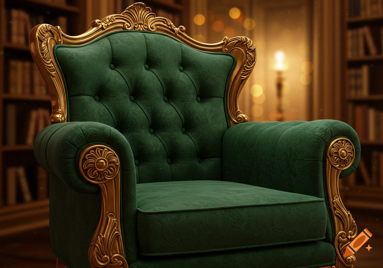 A luxurious green armchair with ornate gold trim sits in a library.