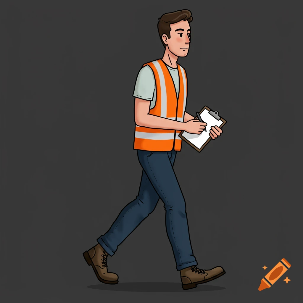 Cartoon illustration of a man in an orange safety vest walking and writing on a clipboard.