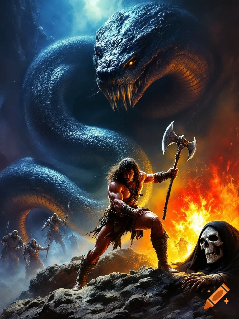 Conan the Barbarian fights a giant snake and a skull sorcerer, with other warriors in a dramatic fantasy scene.