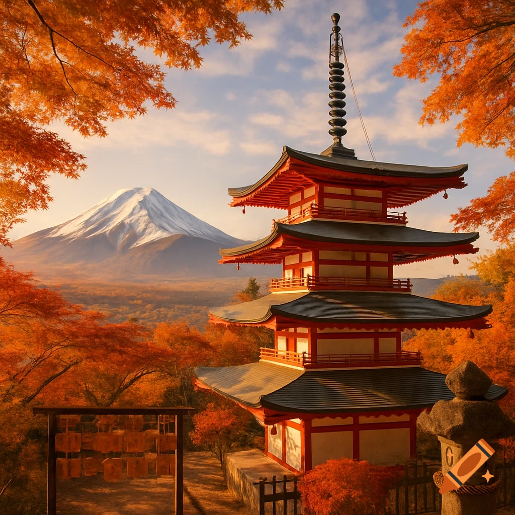A red Japanese pagoda stands in a mountainous landscape with autumn trees and Mount Fuji in the background.
