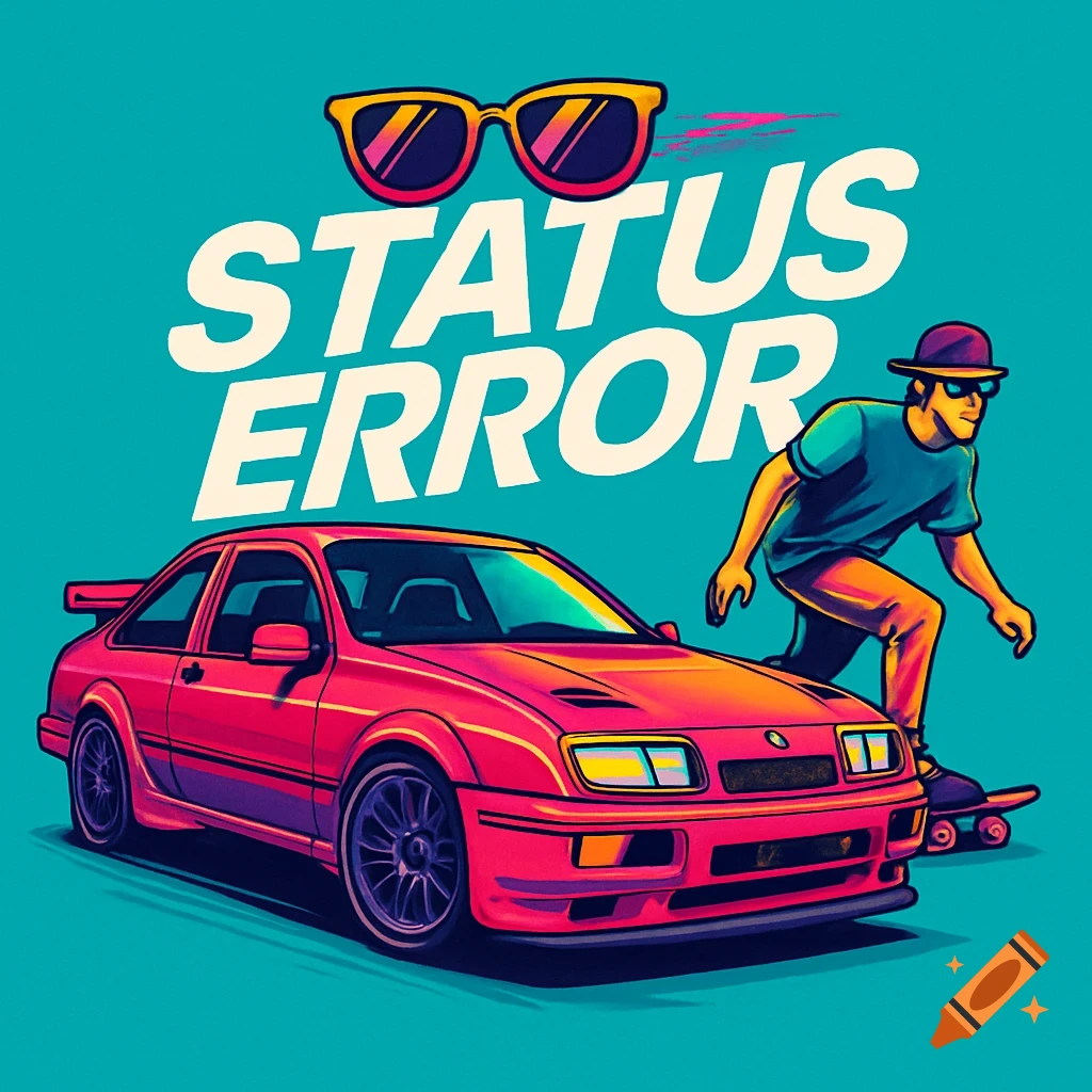 Stylized illustration of a pink car and a skateboarder with large text and sunglasses.