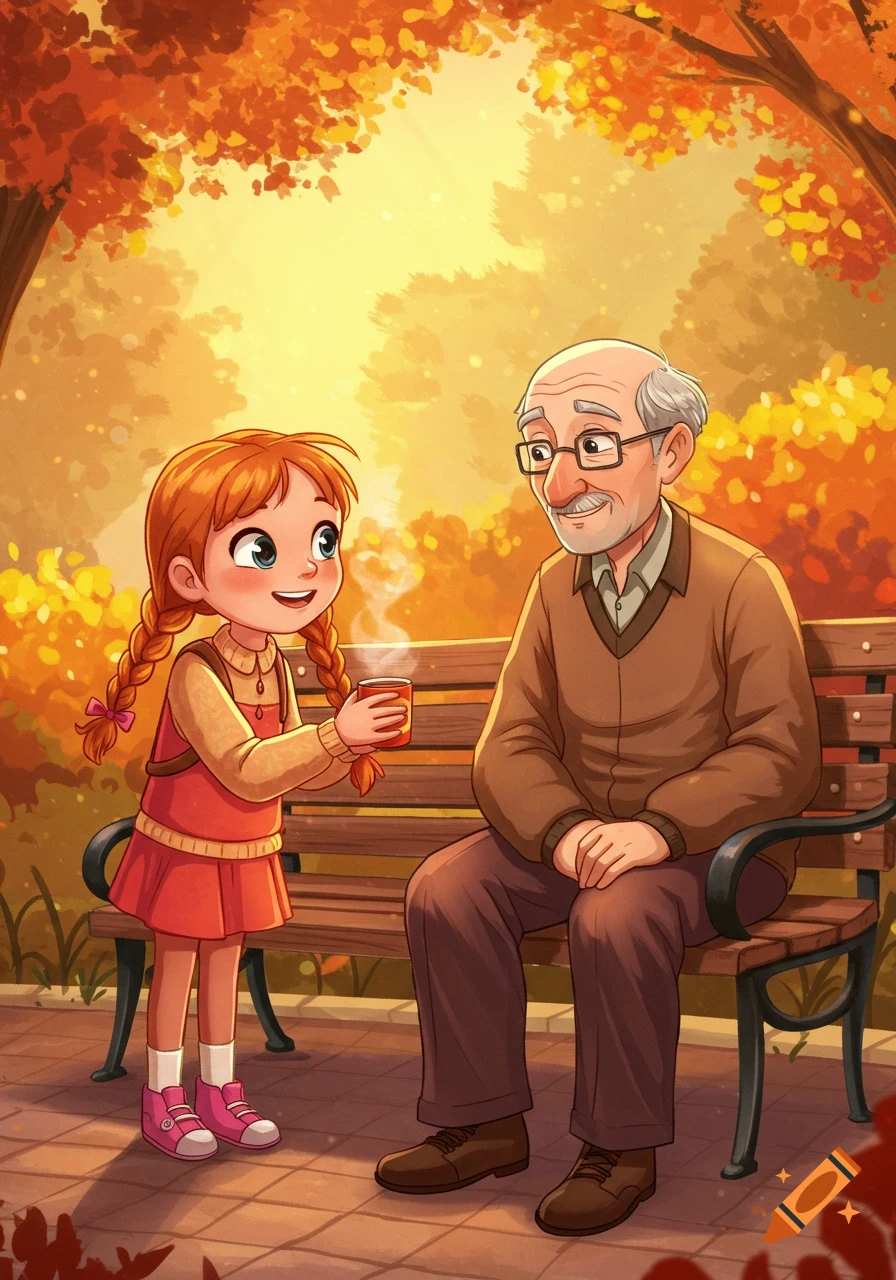 Illustration of a young girl giving a drink to an old man sitting on a park bench in autumn.