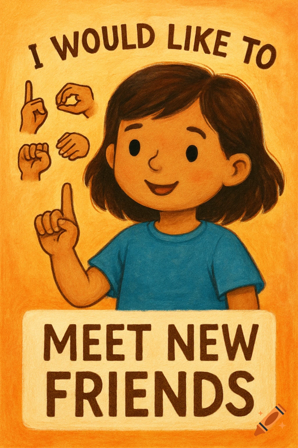 Cartoon child, text 'I WOULD LIKE TO MEET NEW FRIENDS', and ASL signs