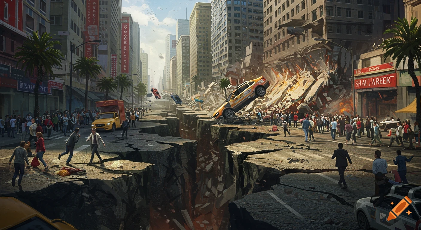Photorealistic illustration of a city street during an earthquake, with a huge crack opening in the ground, cars falling, buildings collapsing, and people running.