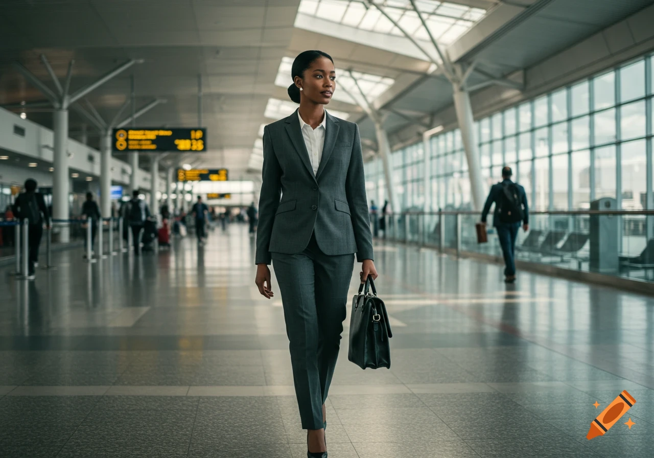 A businesswoman in a suit walks through a bright airport terminal carrying a bag.