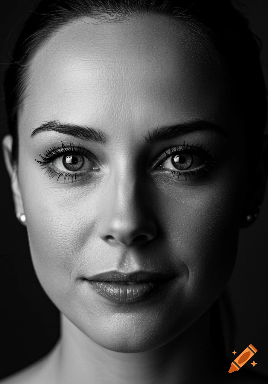 Black and white close-up portrait of a woman's face with a smile and dramatic studio lighting.