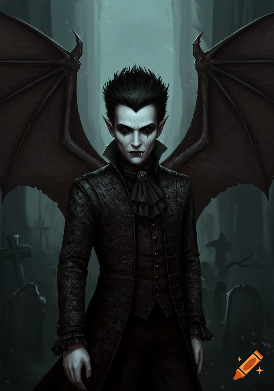 A male vampire with bat wings and fangs in a black coat stands in a cemetery.
