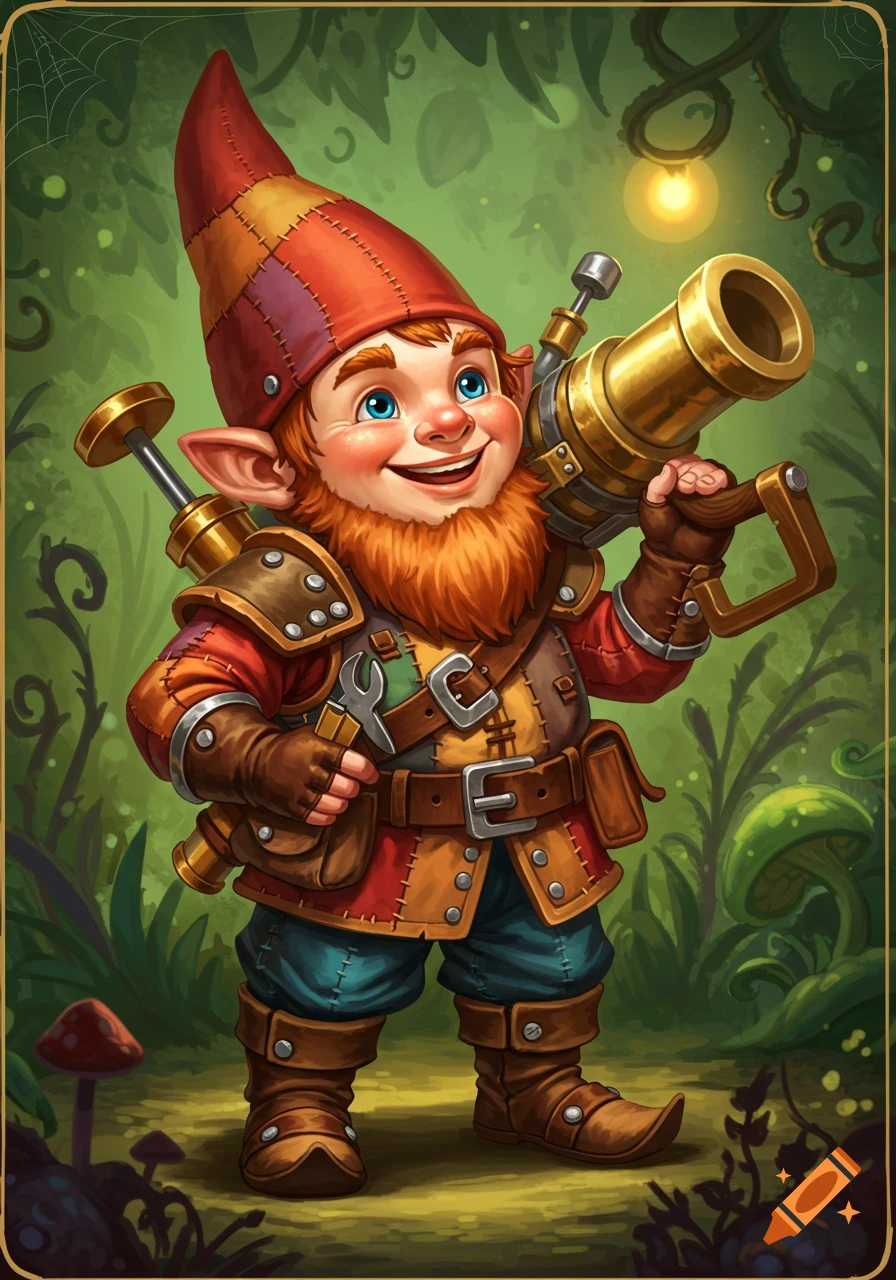 Cartoon illustration of a smiling gnome tinker carrying a large gold tool or weapon on his shoulder.