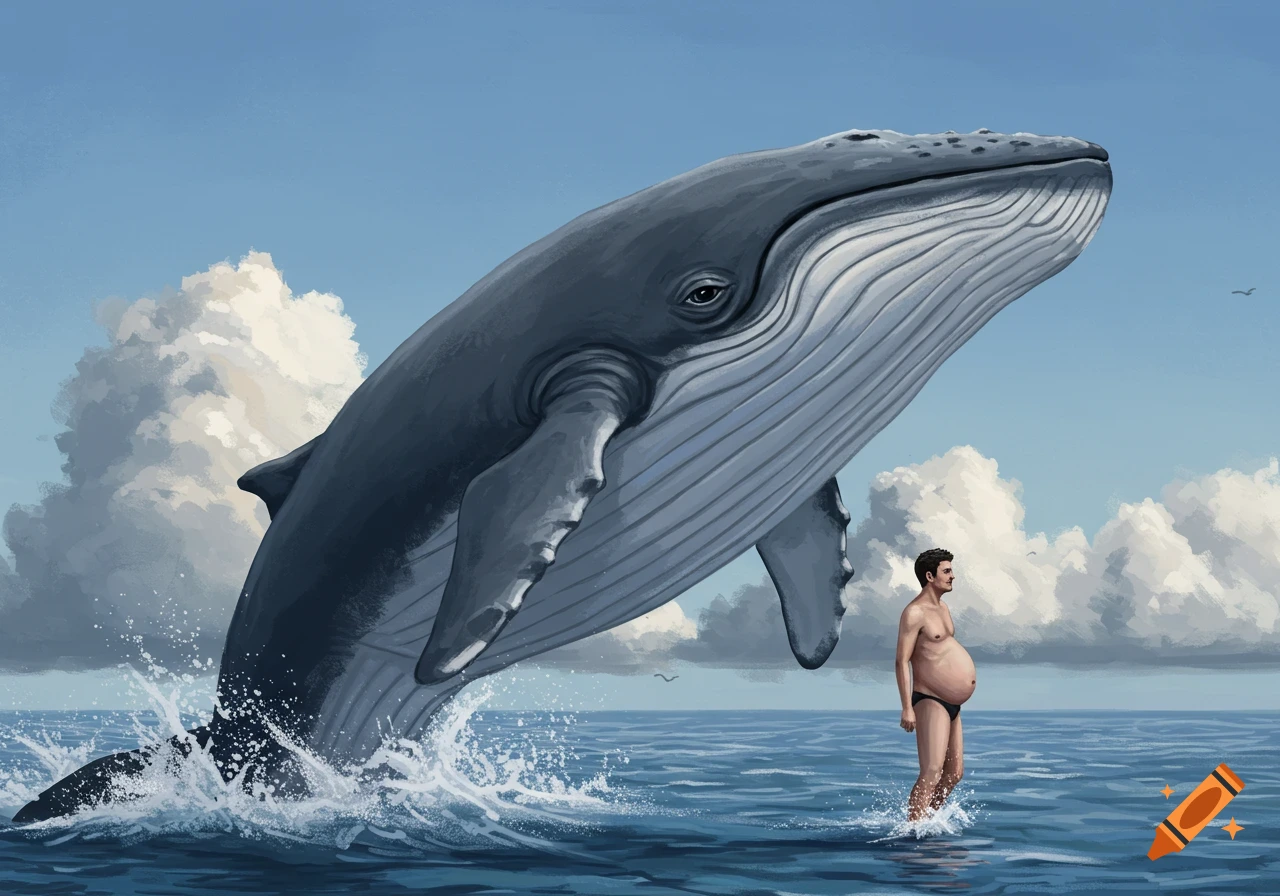 A large whale breaches near a man with a pregnant belly standing in the ocean, painted style.