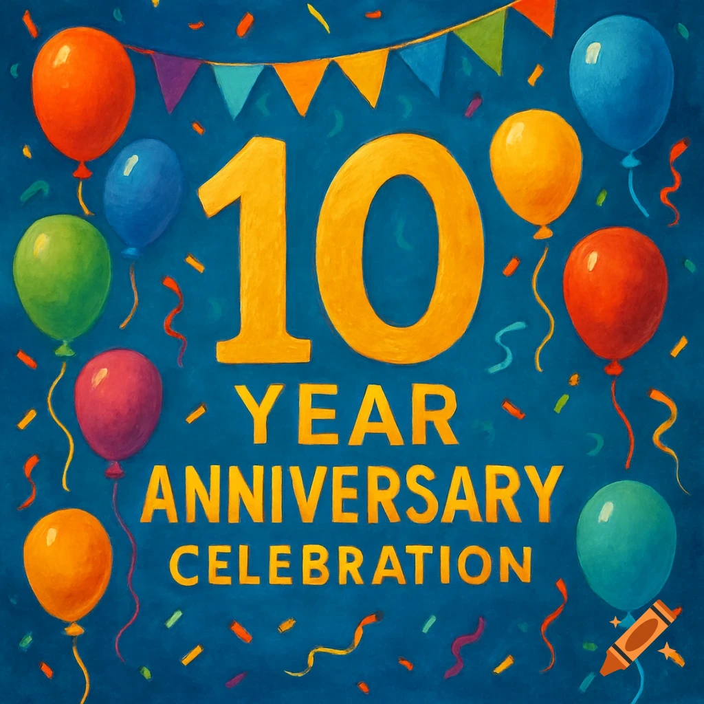 Illustration of a 10 year anniversary celebration with balloons and confetti.