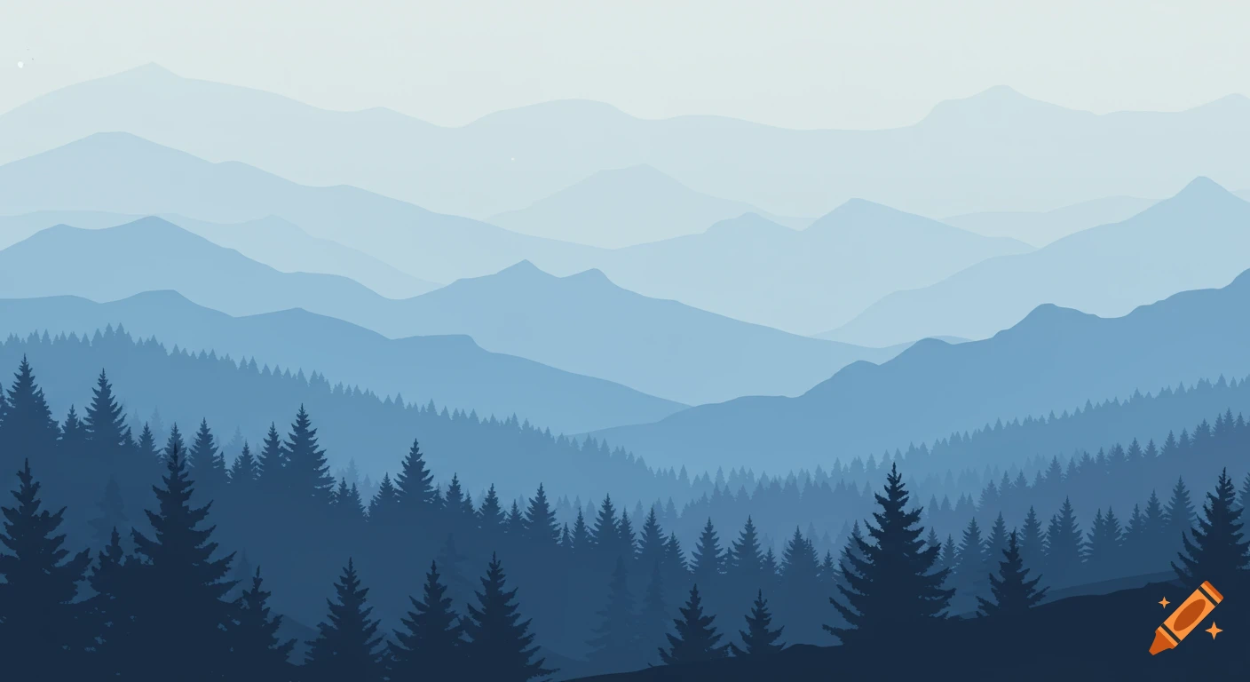 Vector illustration of layered blue mountains and dark pine trees.