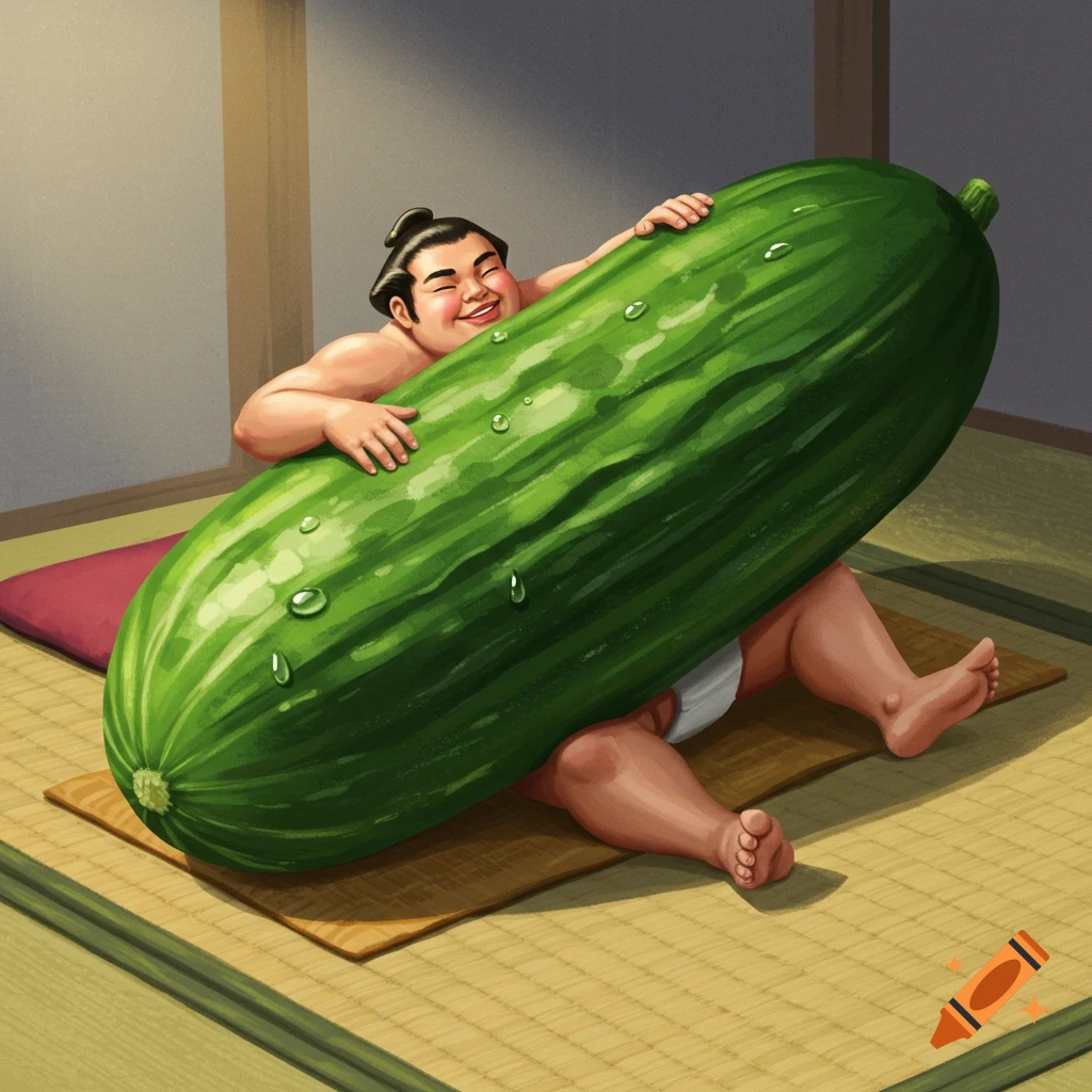 Illustration of a smiling sumo wrestler holding a giant cucumber like a blanket on a mat.