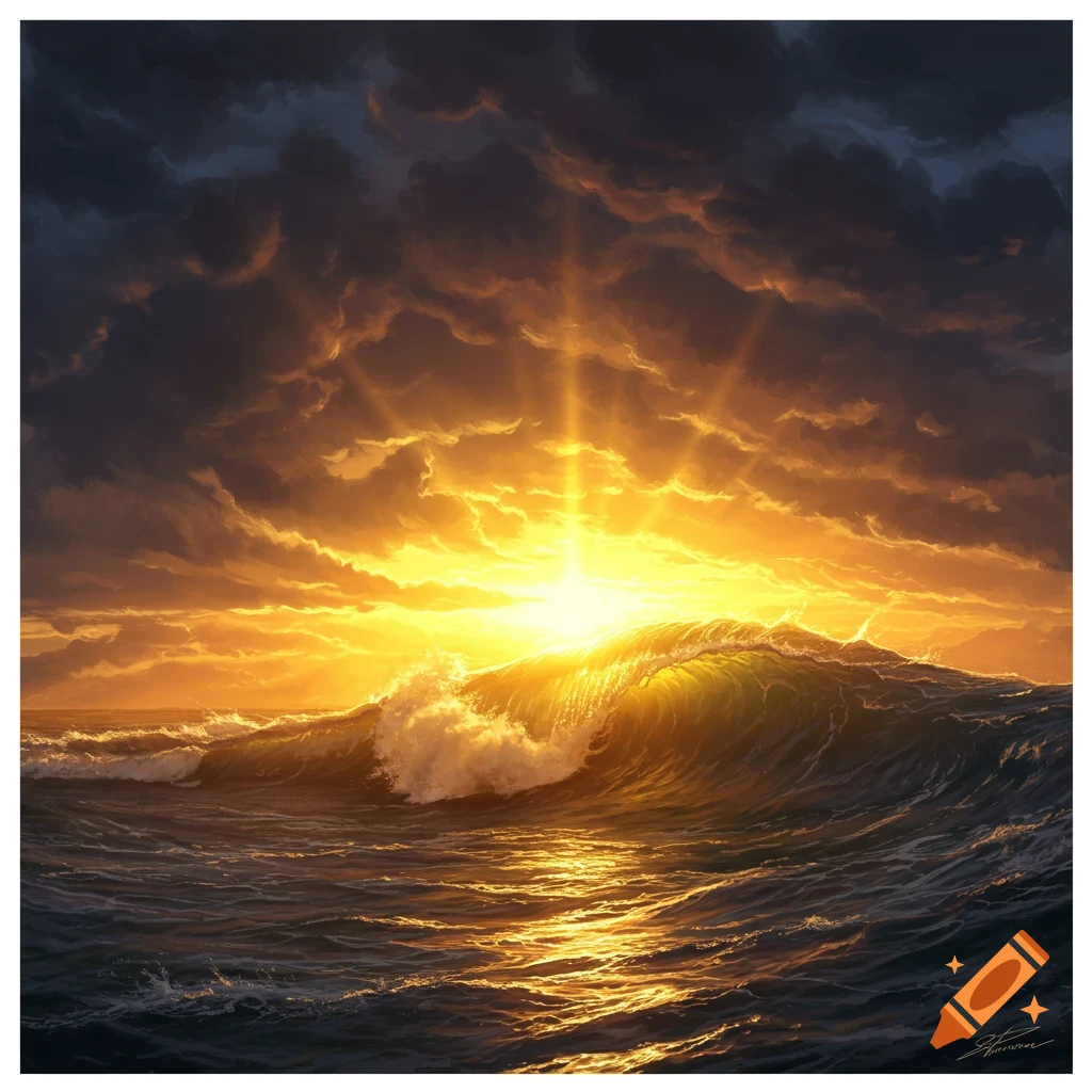 Dramatic painting of a sunset over a large ocean wave.