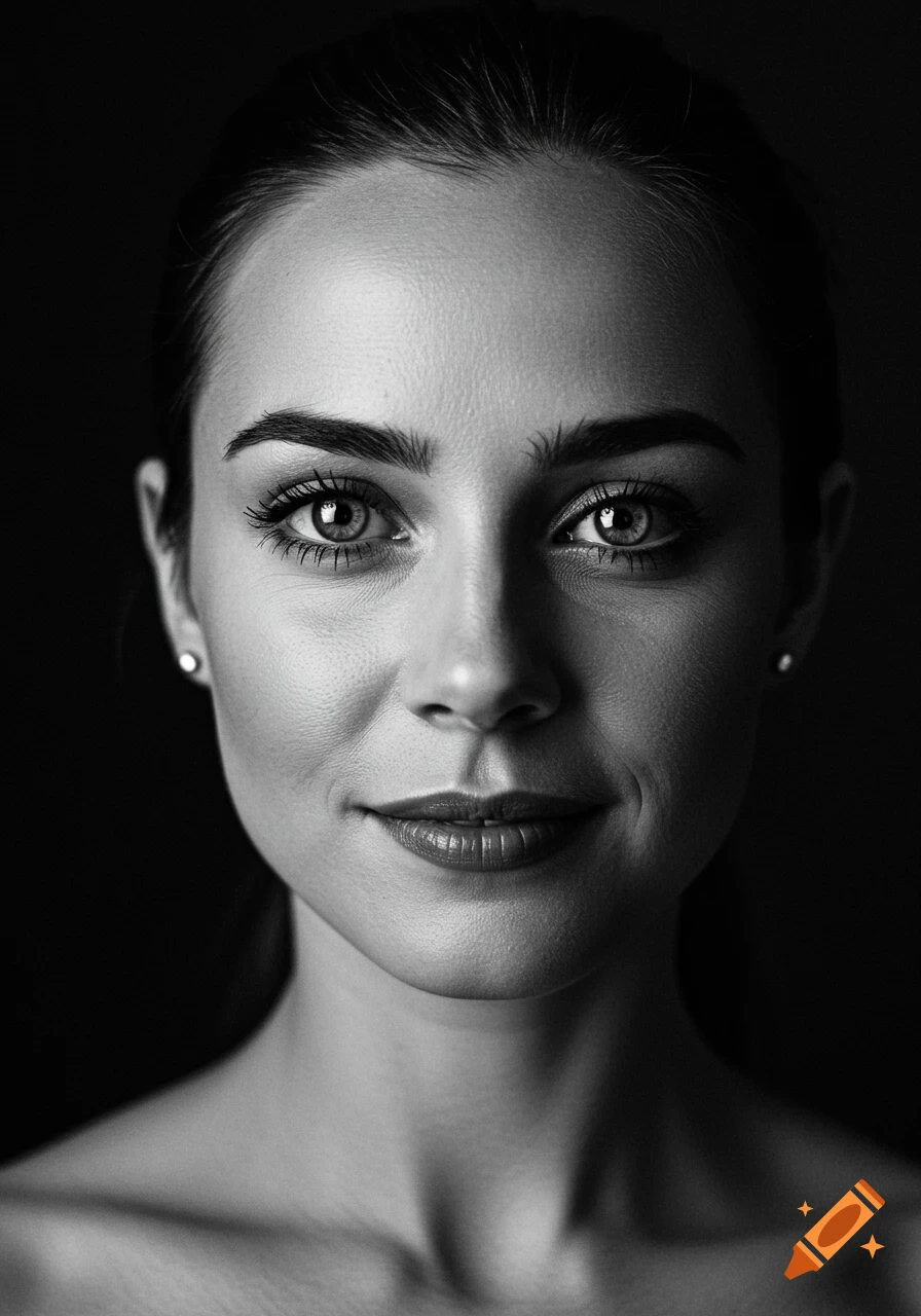 Black and white close-up portrait of a woman with a subtle smile