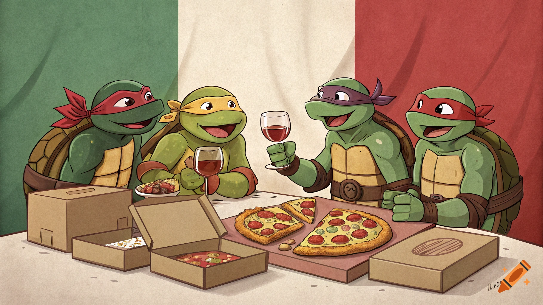 Teenage Mutant Ninja Turtles eating pizza and drinking wine in front of Italian flags, cartoon style.