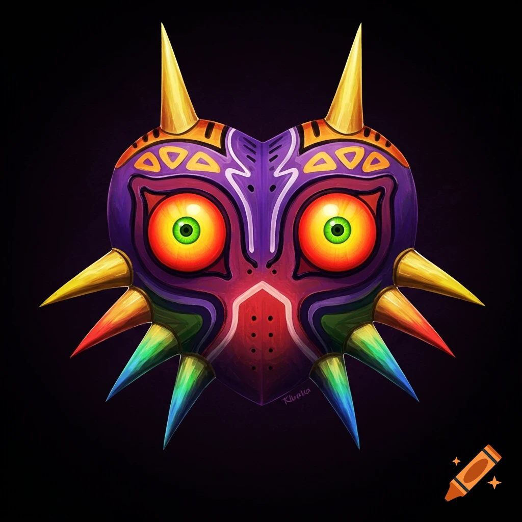 Illustration of Majora's Mask against a dark background