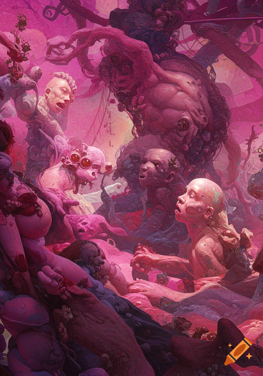 A disturbing surrealist painting featuring distorted, fleshy figures and faces in varying shades of pink and purple.