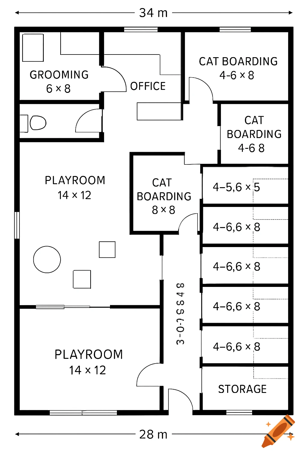 Floor plan of a cat boarding establishment with room labels and dimensions.