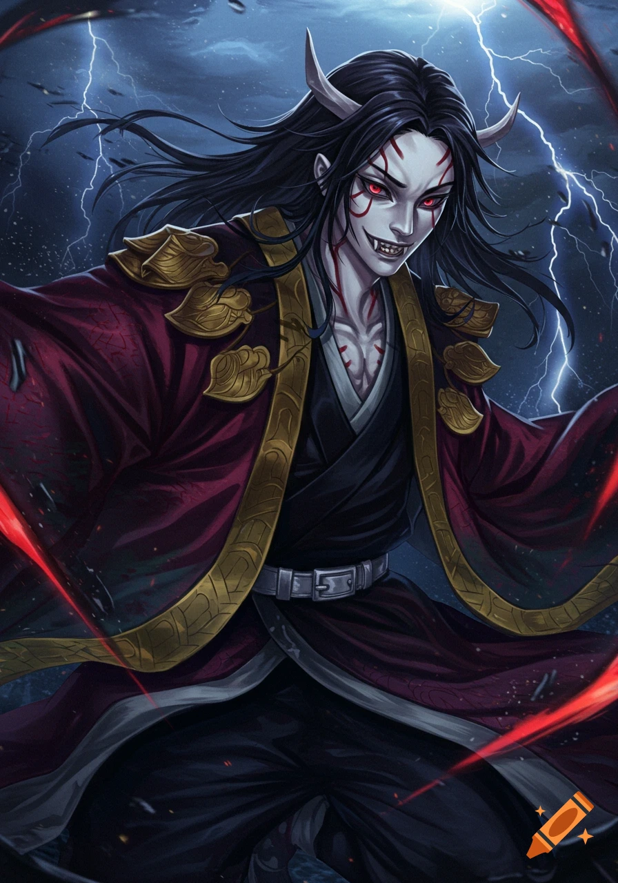 Anime illustration of a demonic character with red eyes, sharp teeth ...