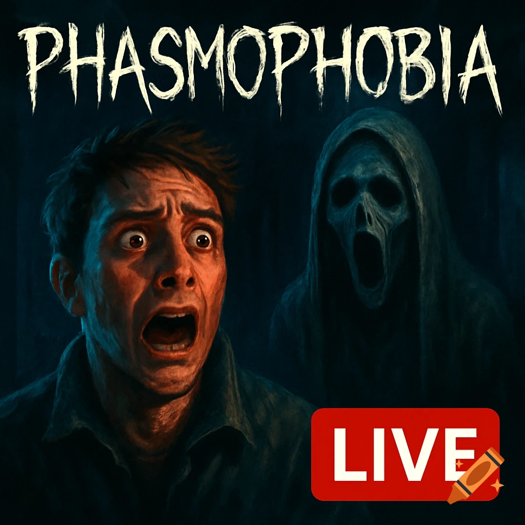 Scared man reacting to a ghost figure with 'PHASMOPHOBIA LIVE' text.