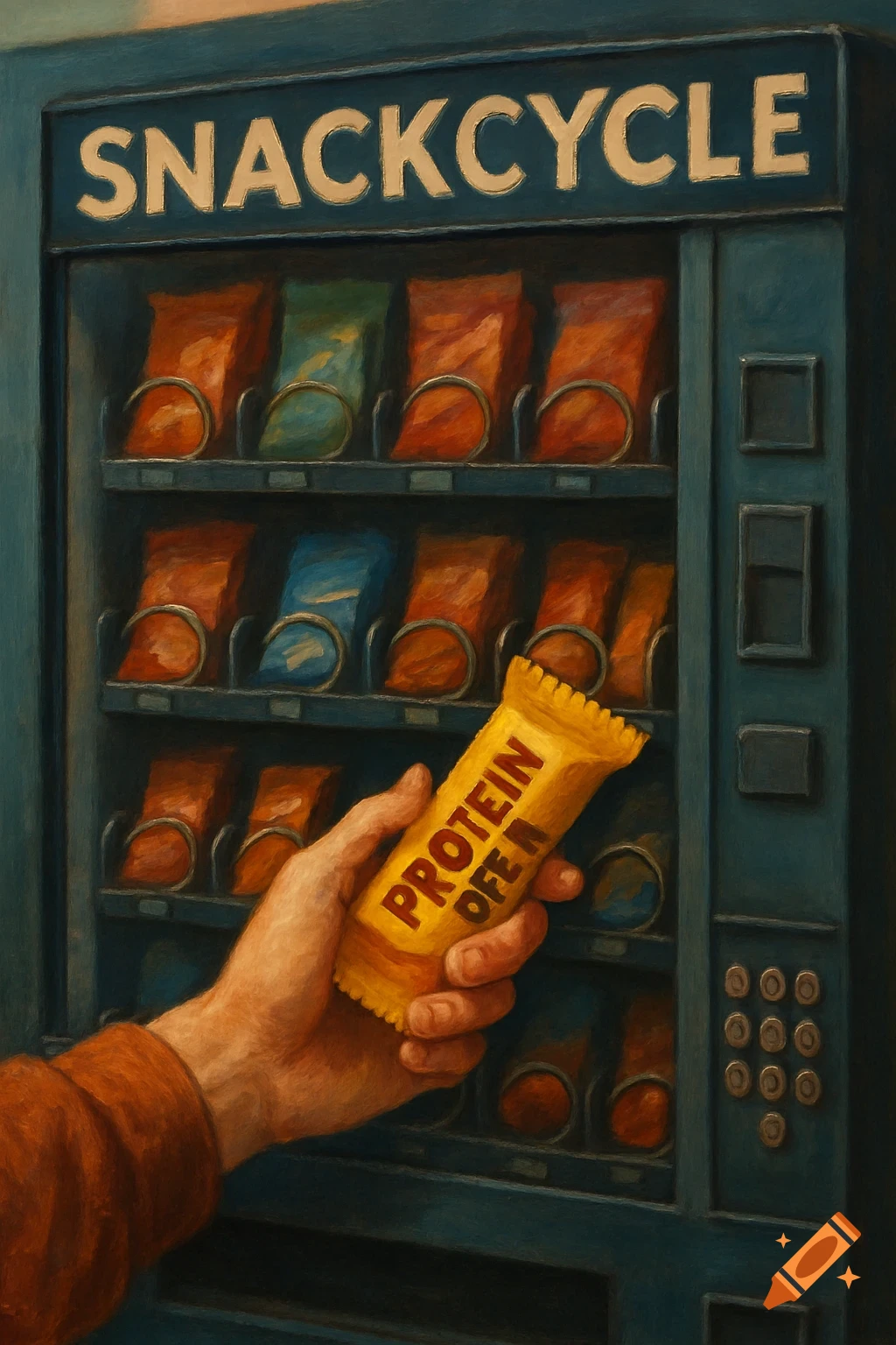 A painterly image of a hand grabbing a protein bar from a blue vending machine labeled Snackcycle.