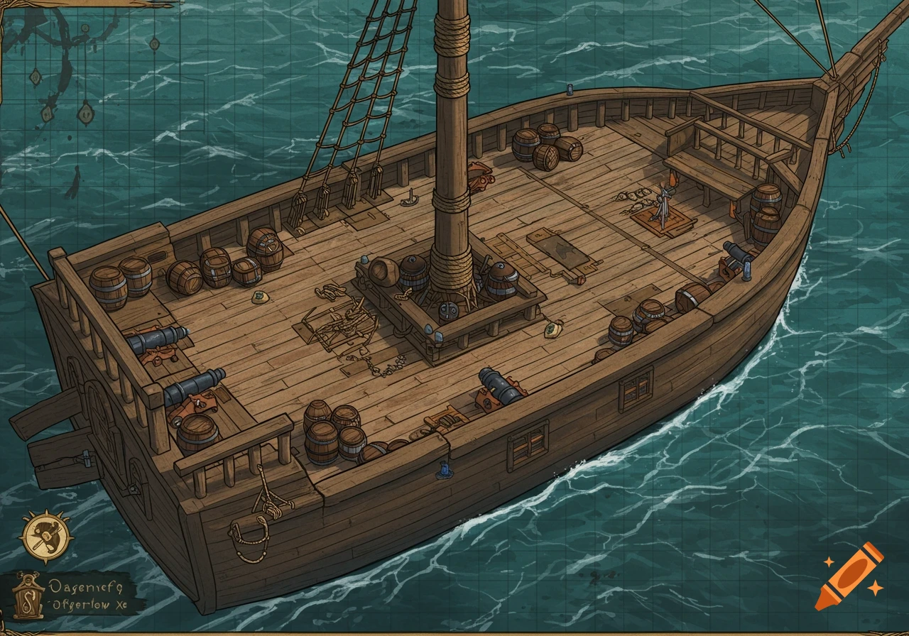 Dungeons and Dragons map of a wooden ship on water with a battle grid