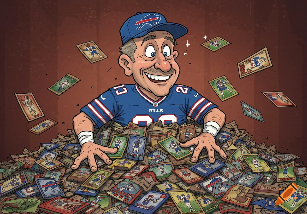 Cartoon illustration of a man in a Buffalo Bills jersey buried in a pile of sports trading cards.
