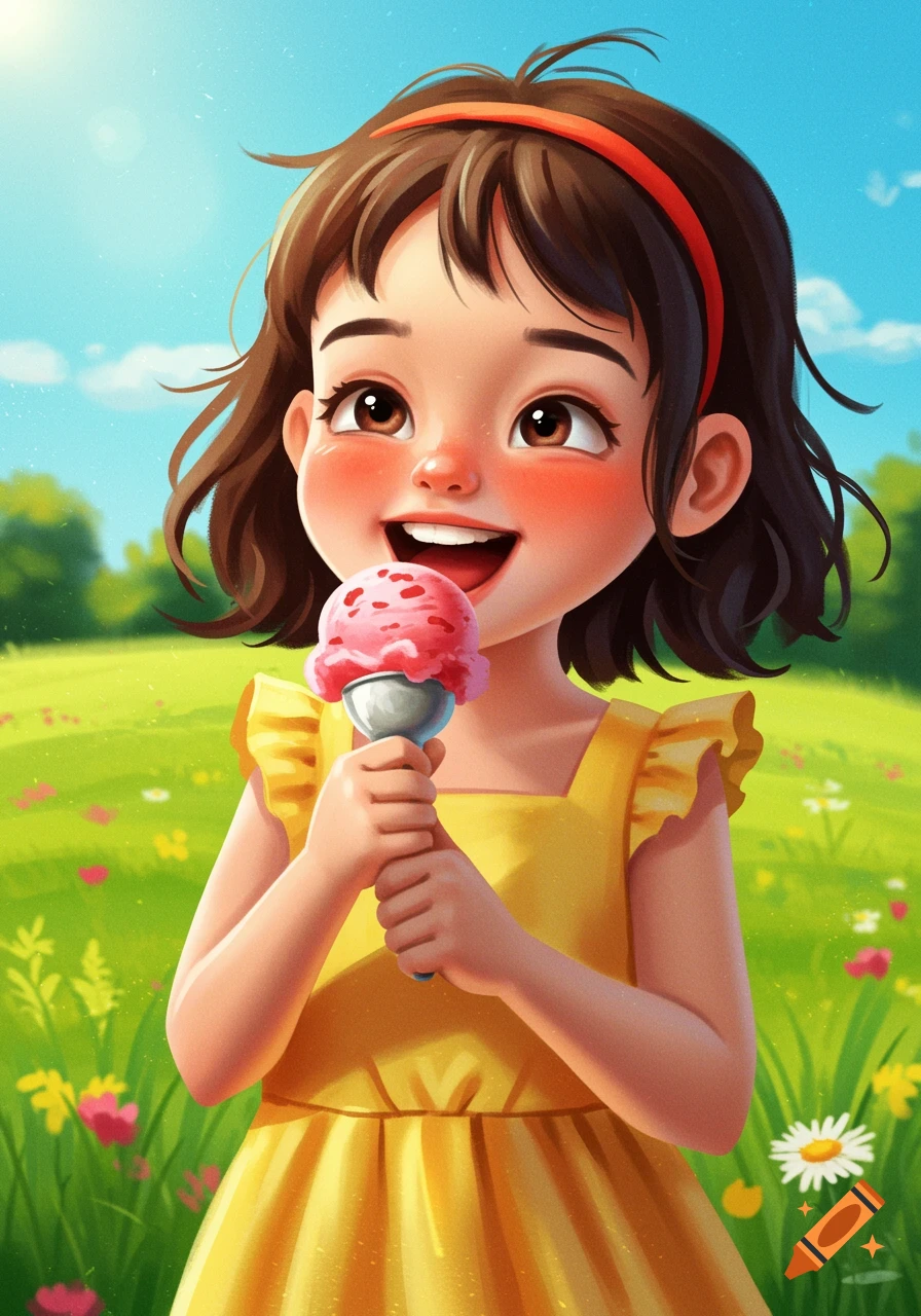 A cheerful cartoon girl in a yellow dress eats a pink ice cream cone in a sunny field.